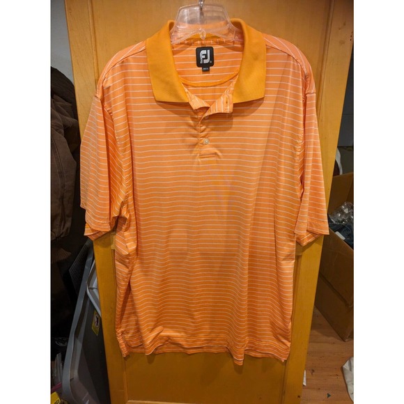 FJ POLO FootJoy Orange‎ /Peach Striped Mens Size XL Short Sleeve golf - Picture 1 of 3